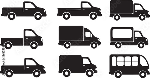 Various Black Truck Silhouettes on White Background