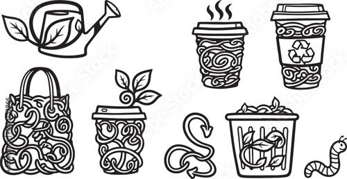 Whimsical doodle illustrations of coffee cups and plant icons