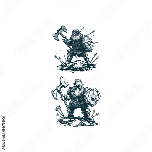 Set of two vintage hand-drawn engravings featuring a resilient bearded dwarf warrior standing on a rock, holding an axe and shield while being showered with arrows.