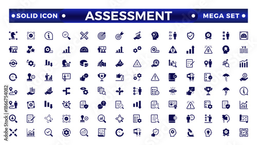 Assessment solid icons set. goals, results, process, quality, evaluation, planning, analysis, auditing, financial report, measuring, expertise