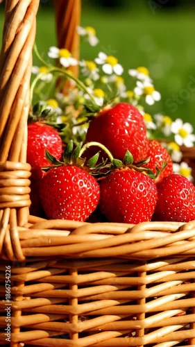 Fresh Strawberries in Wicker Basket, Close Up Shot