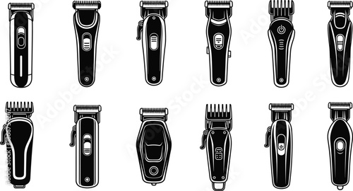 Professional Hair Clipper and Electric Trimmer Vector Icons Set for Barbershop Grooming Tools Barber Equipment Design Elements on White Background