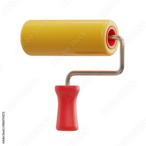 3D icon Yellow paint roller with red handle isolated on transparent background