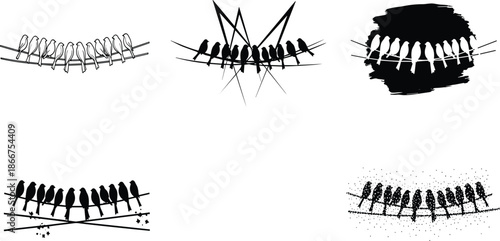 Black silhouette of birds sitting on wires, bird group on cable set, minimalist avian icons, nature wildlife illustration for graphic design