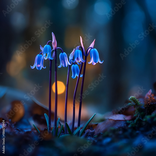 Blooming bluebell flowers in a tranquil forest setting at dusk captured in a stunning close-up view