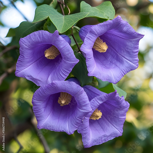 Blooming purple trumpet flowers garden photography natural light close-up view vibrant beauty