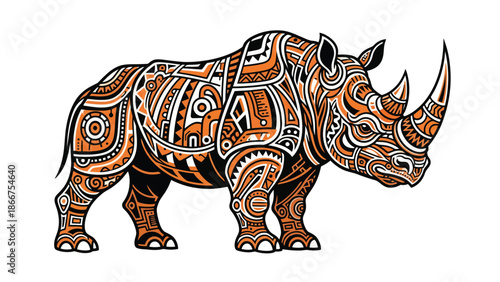 Intricate artistic illustration of a rhinoceros with detailed tribal patterns and designs.