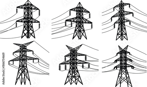 Black silhouette of high voltage electric transmission towers, power line pylon vector icons, industrial energy infrastructure isolated on white background.