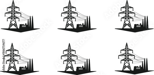 Black silhouette of high voltage transmission towers and power lines, electricity pylons for energy industry, industrial utility grid supply icons