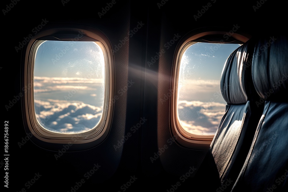 Fototapeta premium View through airplane windows; the sun illuminates fluffy clouds and the blue sky