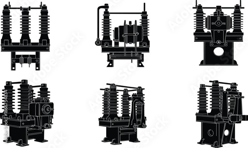 Black silhouette of industrial electrical power transformers, transmission towers, and suburban houses, energy infrastructure icons for high voltage electricity distribution, vector.
