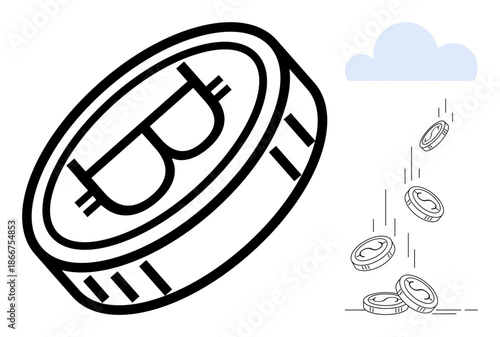 Cryptocurrency, blockchain, financial tech, digital economy, investment, electronic transactions. Bitcoin coin and falling coins with cloud graphic. Cryptocurrency and blockchain concept