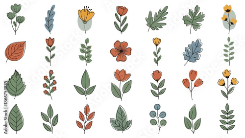 A vibrant collection of various flowers and leaves are beautifully illustrated on a plain background.