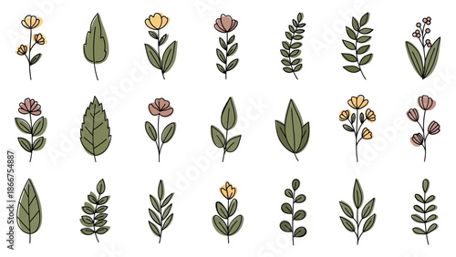 The illustration showcases various flowers and leaves on white background with green hues.