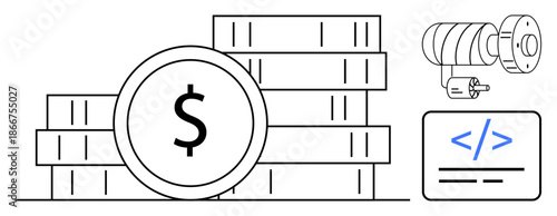 Finance, technology innovation, ecommerce, cryptocurrency, software development, visual media. ion of stacked coins, coding tag camera lens. Finance and technology innovation
