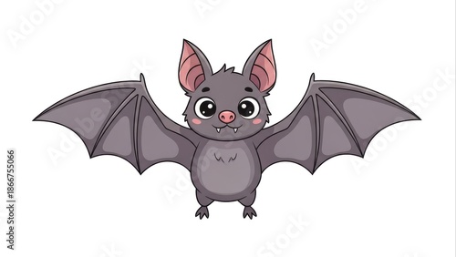 Cute cartoon bat flying character isolated on white background. Adorable vector illustration of a nocturnal mammal with spread wings, perfect for Halloween designs or children's media.