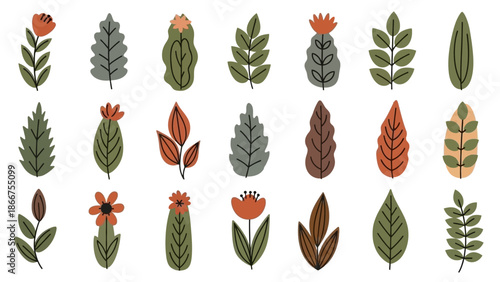 A vibrant collection of various leaves and flowers are illustrated in a detailed digital artwork on a white background