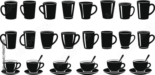 Black coffee mug and cup silhouette set vector illustration collection isolated on white background for cafe beverage design branding poster