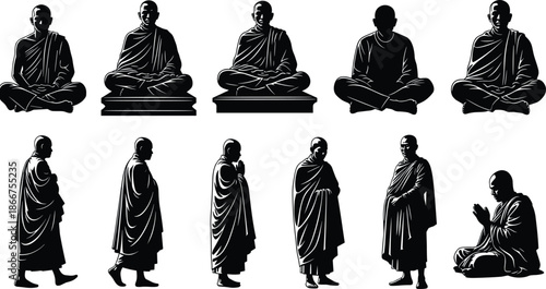 Buddhist monk silhouette collection showing meditation walking praying poses in traditional robes minimal black white vector illustration set design art