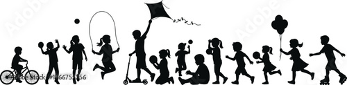Children playing outdoor activities silhouette set with jumping rope bicycle scooter kite balloons joyful childhood vector illustration collection design isolated