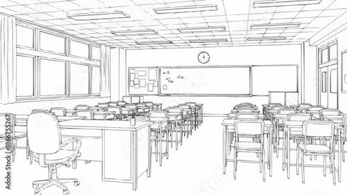 Empty Classroom Sketch with Desks and Chairs Ready for Learning.