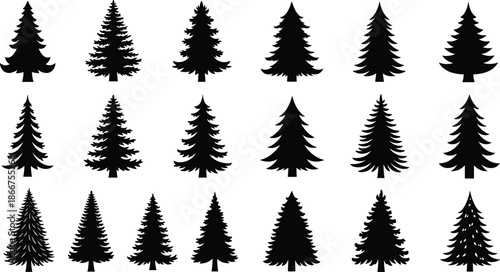 Collection of black pine tree silhouettes evergreen forest icons minimalist vector set for nature design winter landscape projects and branding