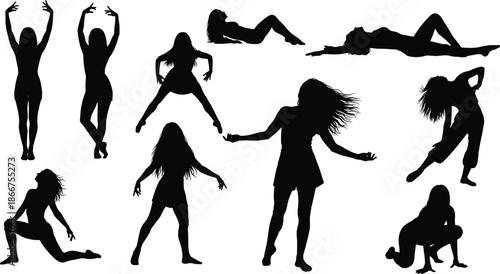 Collection of female dancer silhouettes showing dynamic modern dance poses isolated on white background vector illustration for creative design projects