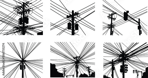 Black silhouette of messy overhead power lines, utility poles, electric cables and transformers against a white background for urban industrial design