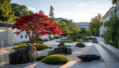Serene Japanese garden with red maple, rocks, and buildings under a setting sun