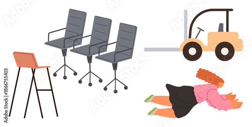 Workplace safety, logistics, furniture setup, ergonomic design, office accidents, warehouse safety. Four office chairs, forklift wooden chair and woman on the floor. Workplace safety and logistics