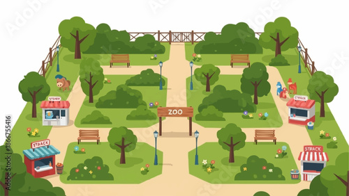 Vibrant cartoon illustration of a public park with trees benches and stalls.