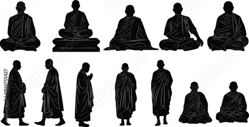 -Set of Buddhist monk silhouettes meditating standing walking praying traditional robes spiritual meditation poses isolated black vector illustration collection design