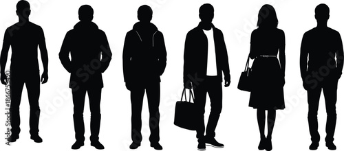 Silhouette of diverse group of people standing in row, men and women in casual clothing isolated on white background vector.