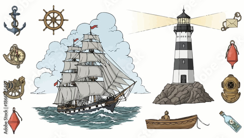 Nautical elements including a tall ship and lighthouse.