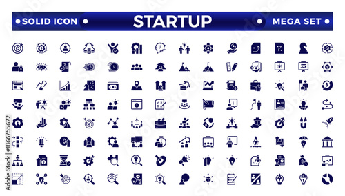 Startup and development solid icons set. Start up symbols collection. Launch, development, investment, innovation. Solid icons related to project, startup, management, and business.