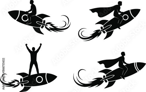 Silhouette Vector Set of Business Professionals and Superheroes Riding Fast Rockets Representing Rapid Growth Success Innovation and Ambitious Career Goals