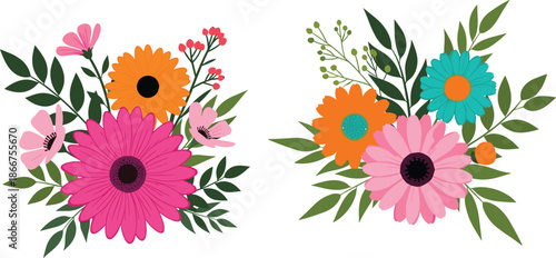 Vibrant Floral Bouquet Vector Set with Colorful Gerbera Daisies, Spring Flowers, and Green Foliage Isolated on White Background for Decorative Design