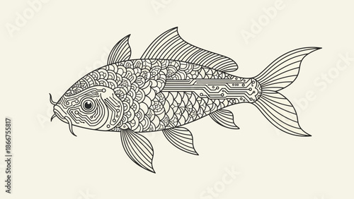 Intricate line art illustration of a koi fish with detailed patterns and textures.