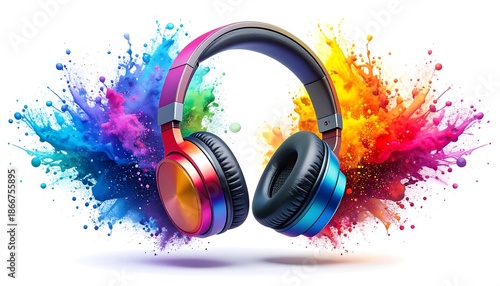 Vibrant Headphones Exploding with Colorful Powder.