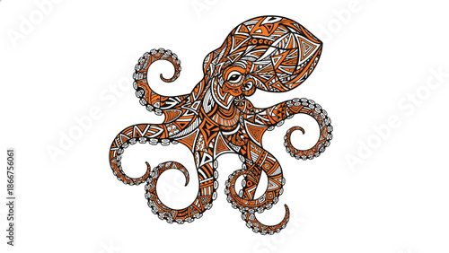 Intricate octopus illustration showcasing detailed patterns and artistic design elements on white background.
