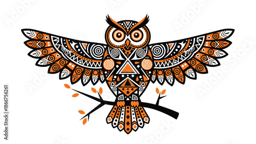Intricate tribal owl illustration with detailed geometric patterns and outstretched wings.