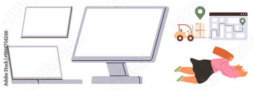 E-commerce, logistics, digital navigation, supply chain management, shipping tech, remote work. Computer screens, map with location pins forklift. E-commerce and logistics concept