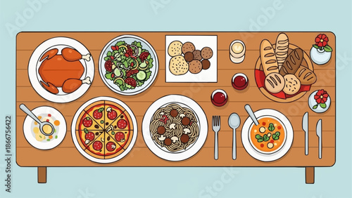 Delicious overhead view of a festive family dinner spread on a wooden table.