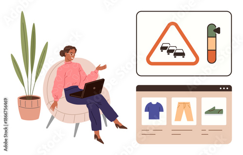 Online shopping, environmental awareness, urban mobility, transportation issues, digital commerce, air quality. Woman using laptop at home with traffic and pollution graphics. Online shopping