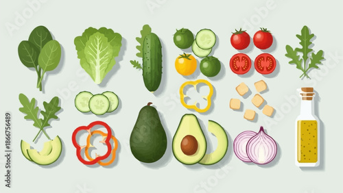 Fresh Ingredients for a Healthy Salad Displayed Top Down.