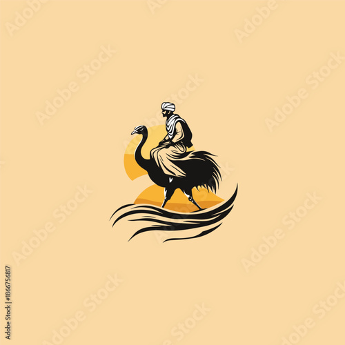 Minimalist vintage illustration of a desert nomad in traditional robes and turban riding a large ostrich across stylized sand dunes.