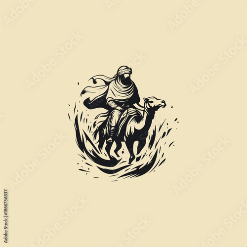 Powerful vintage hand-drawn engraving of a desert nomad with a flowing cape riding a camel at high speed through a swirling sandstorm.