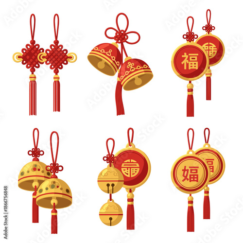 Chinese Bell and Fu Ornament Set