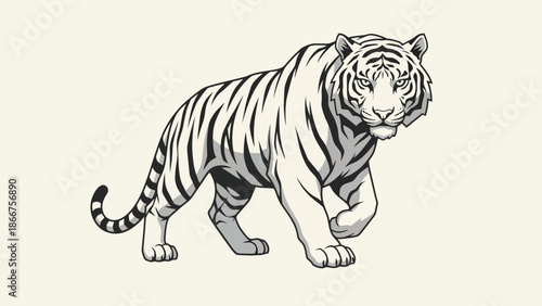 Majestic white tiger prowling with intense focus and powerful presence in the wild.