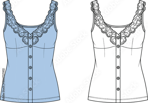 Fashion Technical Sketch of a Lace Trimmed Sleeveless Camisole Top with Front Button Placket in Blue and White Colors